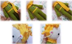 crocheted doll's hand with four pictures of the same person holding it