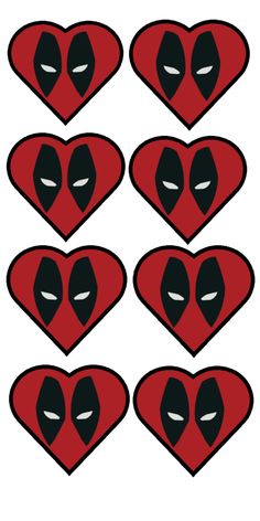 six red heart shaped stickers with black faces and eyes in the shape of hearts