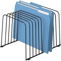 a set of five blue file folders with black metal holders on each one side