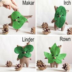 four pictures showing how to make an ornament with leaves and acorns