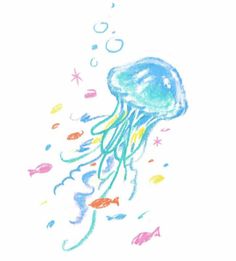 a drawing of a jellyfish in the water with bubbles and starfish around it