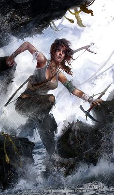 an image of a woman in the water with two swords