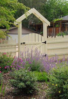 a white picket fence with purple flowers in the foreground