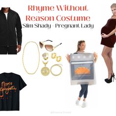 a pregnant woman standing next to a man in a black shirt and dress with the caption, rhyme without reason costume slim shady pregnant pregnant lady