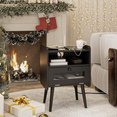 a living room decorated for christmas with presents