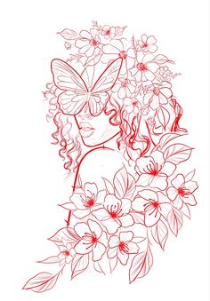 a drawing of a woman's face with flowers and butterflies on her head, in red ink