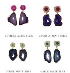 Get this exotic and trendy  Gold Plated Earrings studded with Purple Agate Slice that will provide you a classy look. Flaunt your style and fashion with this stunning ornament. ✧✧Welcome To Our Shop El Joyero✧✧ ""Natural Purple Agate Slice Gemstone Stud Earring Earrings, Purple Stud Earrings, Gold Plated Jewelry, Wedding Gift, Earrings For Best Friend"" Product Specification Stone Name - Purple Agate Slice, Pink Solar Quartz | See In Picture or Drop-Down | Stone Size - 24X37 Mm, 16 Mm Stone Shap Green Earring, Pink Stud Earrings, Blue Stud Earrings, Pink Studs, Grey Agate, Fancy Stones, Stud Earrings Gold, Purple Agate, Earrings Purple