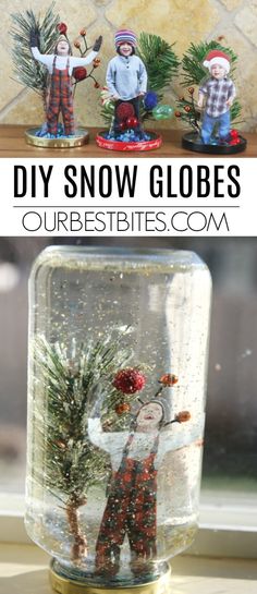 two snow globes sitting on top of a window sill next to each other