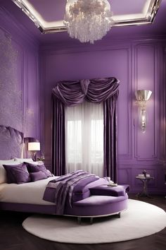 a bedroom with purple walls and white rugs on the floor, along with a round bed