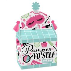 a box that is shaped like a dollhouse with the words pamper yoself on it