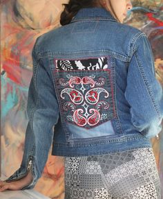 "Elevate your jean jacket game with this unique one of a kind kip front jacket.  Repurposed pockets and patches transformed this simple comfortable style into a wardrobe changer!   Front pockets and inside cell phone/wallet pocket. Zip front Simple, clean lines (no darting on the front) zip cuffs Fits close to a US Women's small Measurements when laying flat 15\" shoulder seam to shoulder seam 24\" sleeve length 21\" jacket length - top of collar to bottom of back 19\" armpit - armpit Not sure if it's your size?  lay out your favorite jacket - closed front - and measure! Each jacket is hand made by Kristina, embracing the principles she uses in her visual art: color, composition, texture, and line.  The hand-made aspects of each jacket should be embraced by the wearer...evidence of hand st Red Denim Jacket With Pockets, Fall Festival Denim Jacket With Pockets, Trendy Denim Jacket With Pockets For Festivals, Casual Denim Jacket With Pockets For Festival, Festival Medium Wash Denim Jacket With Pockets, Festival Denim Jacket With Pockets In Medium Wash, Red And White Pattern, Jean Jacket Patches, Patched Denim Jeans