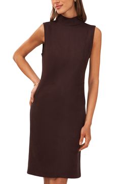 An exposed back zipper reinforces the polished aesthetic of a sleeveless sheath sewn with structured seams. 38 1/2" length (size Medium) Mock neck Sleeveless 93% polyester, 7% spandex Machine wash, tumble dry Imported Fitted Sleeveless Mini Dress For Office, Sleeveless Stretch Mini Dress For Work, Chic Fitted Sleeveless Dress With Side Zipper, Fitted High Neck Sleeveless Dress For Work, Chic Stretch Sleeveless Dress For Work, Fitted High Neck Sleeveless Dress For Formal Occasions, Fitted High Neck Sleeveless Dress For Formal Events, Chic Sleeveless High Neck Dress For Work, Sleek Sleeveless Dress With Back Zipper