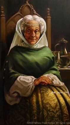 a painting of an old woman sitting in a chair with her hands on her hips