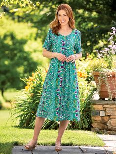 This Lightweight Floral Dress Turns Any Occasion Into a Special One Green Summer Dress With Button Closure, Green Summer Dresses With Button Closure, Green Buttoned Sundress, Green Buttoned Dress For Garden Party, Green Buttoned Dress For Daywear, Green Daywear Dress With Buttons, Green Spring Dress With Button Closure, Sun Dresses Modest, Dresses For Women Over 60