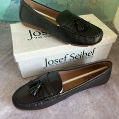 Josef Seibel Leather Tassel Loafers Nib Elina Black Many Sizes. Brand New Loafers. Considered A Comfort Shoe. With Box. **Check Out My Youtube Channel: @Sandysbags For Vlogs On My Business Selling Luxury Handsbags And Accessories. It’s A New Channel And I Will Start Adding Much More Content, Such As Hauls, Unboxings And ‘What Sold’ Videos Black Loafers With Tassels, Josef Seibel Shoes, Cap Toe Shoes, Brown Leather Flats, Black Slip On Shoes, Comfort Shoe, Leather Cuts, Leather Slip On Shoes, Josef Seibel