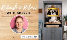 a woman is smiling in front of a coffee bar with the words refresh & relive with sherrie