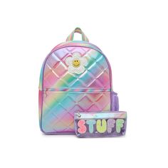 OMG Accessories-Daisy Quilted Backpack & Pouch Add some sunshine to their school supplies with the Daisy Quilted backpack and pouch from OMG Accessories. This bookbag features a rainbow sheen that adds a playful pop, while the sparkling flower detail adds a fun flair. Complete with a removable pencil case that will keep their must-haves secure. Back To School Student Backpack Pencil Case, Rainbow Standard Backpack For Back To School, Backpack Shaped Pencil Case For Back To School, Rainbow-colored Standard Backpack For School, Casual Rainbow School Bag, Rainbow School Backpack, Rainbow Colored School Backpack, Rainbow Standard School Backpack, Cute Rainbow School Bag