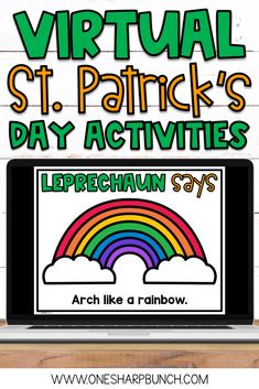 a laptop with the words virtual st patrick's day activities on it and an image of a rainbow