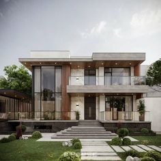 a modern house with steps leading up to the front door