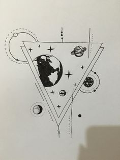 an image of a triangle with planets and stars on it in black ink, drawn by hand