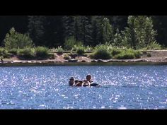 two people on a raft in the middle of a body of water with trees in the background