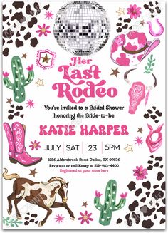 an image of a party flyer with horses and cactuses on the front, including a disco ball