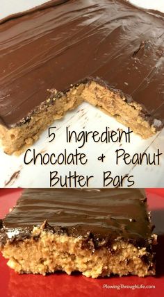 chocolate and peanut butter bars with text overlay