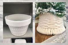 two pictures side by side one has a basket and the other has a plant in it