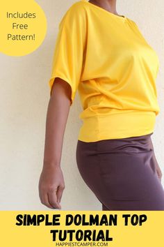 a woman wearing a yellow shirt and brown pants with the words simple dollar top on it