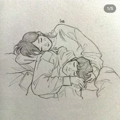 a drawing of two people laying in bed with their heads on each other's shoulders