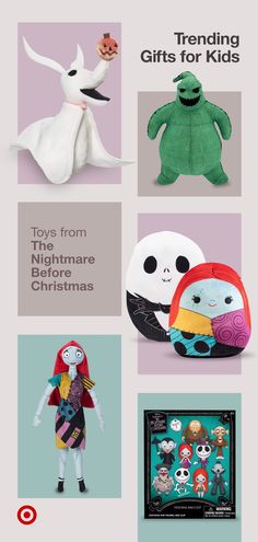 an advertisement for toys from the nightmare christmas collection, featuring dolls and stuffed animals