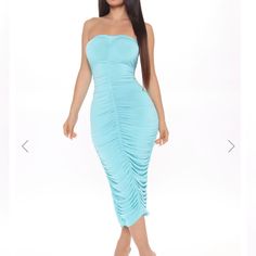 Never Been Worn Fashionnova Dress. Tags Attached Light Blue Stretch Bodycon Dress For Night Out, Light Blue Stretch Midi Dress For Evening, Spring Club Strapless Ruched Dress, Spring Strapless Ruched Dress For Club, Light Blue Stretch Strapless Dress, Stretch Light Blue Strapless Dress, Light Blue Strapless Stretch Dresses, Light Blue Midi Bodycon Dress For Party, Light Blue Midi Bodycon Party Dress