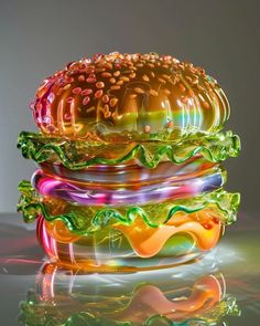 a large glass sandwich sitting on top of a reflective surface in front of a gray background