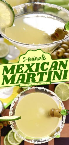 the mexican martini is served in coupe glasses with limes and garnishes