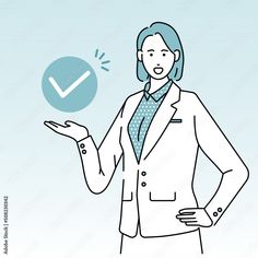 a woman in a business suit holding her hand out to the side with a check mark on