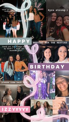 a collage of photos with the words happy birthday and images in pink, blue, purple