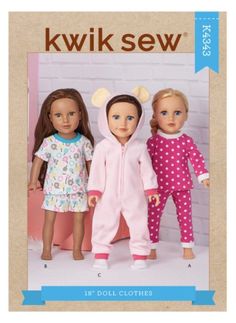 three dolls are standing next to each other in pajamas and onesuits with ears