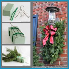 christmas wreaths are hung on the side of a brick building and tied with green ribbon