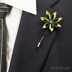 "Black/Green Kanzashi Flower Lapel Stick Pin with 6mm Swarovski Silver Night Crystal SIZE: 1.5\"-1.8\" Comes in a luxury Black box with Non-Tarnish Cotton. NOTE Please note, that items may not be as large as they appear! Because every item is handmade (each petal one by one), flower shape may slightly vary! While every effort is made to accurately represent the true colors of the ribbon/fabric used in my work, your monitor settings may affect the appearance of these colors on your screen!" Elegant Handmade Flower Lapel Pin For Weddings, Elegant Handmade Flowers Lapel Pin For Weddings, Elegant Wedding Lapel Pin With Handmade Flowers, Elegant Black Lapel Pin For Wedding, Elegant Green Lapel Pin For Wedding, Elegant Green Wedding Lapel Pin, Lapel Flower Wedding, Flower Men, Men's Brooch