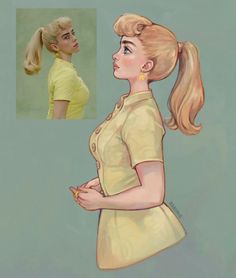 a drawing of a woman with blonde hair in a ponytail and yellow dress, looking to the side