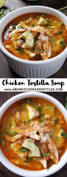 two bowls of chicken tortilla soup on a table