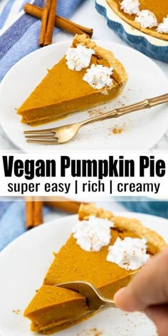 a slice of vegan pumpkin pie on a white plate