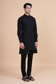 Shop for Raghavendra Rathore Blue Black Cotton Asymmetric Kurta Set for Men Online at Aza Fashions Fitted Kurta With Buttons For Semi-formal Occasions, Raghavendra Rathore, Asymmetric Kurta, Kurta Set For Men, Black Plain, Kurta Set, Full Sleeves, Mandarin Collar, Aza Fashion