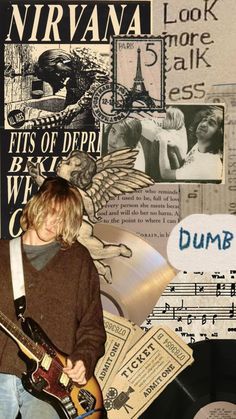 a young man playing an electric guitar in front of a wall covered with old records