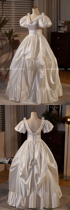 10% off now|Free shipping world-wide. Ruffled Ballgown Satin Vneck Wedding Dress with Bubble Sleeves at GemGrace. Click to learn our pro custom-made service for wedding dress, formal dress. View #BallGownWeddingDresses for more ideas. Satin Ball Gown With Ruffles For Wedding, Wedding Satin Ball Gown With Ruffles, Satin V-neck Ball Gown For Wedding, V-neck Satin Ball Gown For Wedding, Vneck Wedding Dress, Delicate Gown, Unconventional Wedding Dress, V Neck Wedding Dress, For Wedding Dress