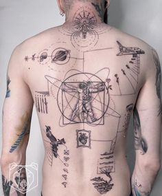 a man with tattoos on his back is looking at the sky and has many things in it