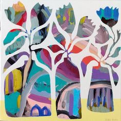 an abstract painting with trees and buildings in the background