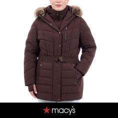 in stock Fitted Michael Kors Winter Outerwear, Brown Hooded Outerwear With Faux Fur Trim, Solid Color Hooded Parka With Faux Fur Trim, Brown Long-sleeved Parka For Cold Weather, Plus Size Belts, Hooded Mink-colored Faux Fur Outerwear, Plus Size Coats, Puffer Coat, Fur Trim