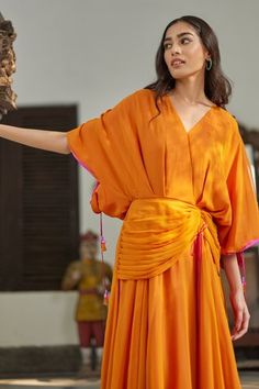 Shop for Betrue Orange Georgette Solid Gathered Maxi Dress for Women Online at Aza Fashions Rani Pink Dress, Gathered Maxi Dress, Rani Pink, Maxi Dress For Women, Georgette Dress, Gathered Sleeves, Maxi Dress Online, Saree Look, Fashion App