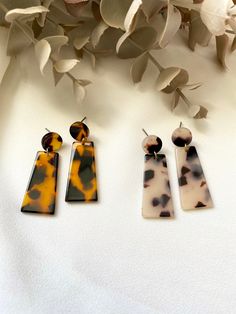 "Trapezoid Drop Earrings, Tortoise Shell Drop Earrings, Geometric Drop Earrings, Acetate Drop Earrings, Tortoise Dangle Earrings, For Her ❥ This listing is for ONE (1) PAIR of Earrings. Please choose color of your choice. ❥ ◐ Size Length - 40mm (1.57\" inch) Width - 9mm (0.35\" inch) ◐ DETAILS * ByLunari designs are made from genuine High-Quality Lightweight Cellulose Acetate (non-petroleum based). * All earrings have been created using Hypo-Allergenic (nickel, lead & cadmium free) Backs and Trendy Tortoiseshell Drop Earrings, Dainty Hoop Earrings, Earrings Geometric, Cellulose Acetate, Shell Earrings, Gorgeous Earrings, Tortoise Shell, Wedding Shop, Tortoise